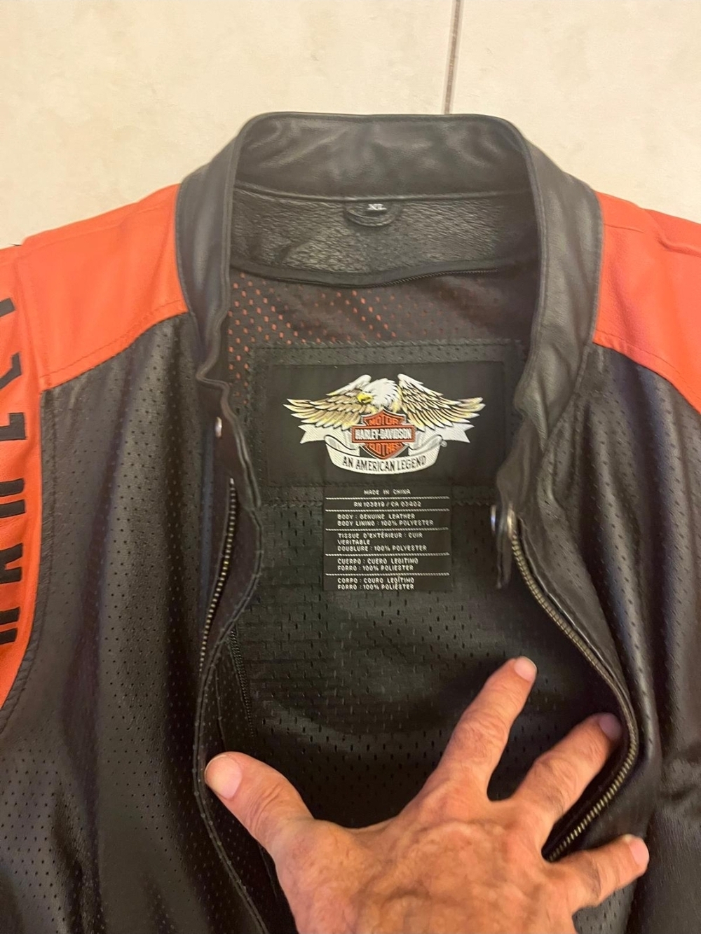 Harley-Davidson Black and Orange Perforated Leather Motorcycle Jacket , Used